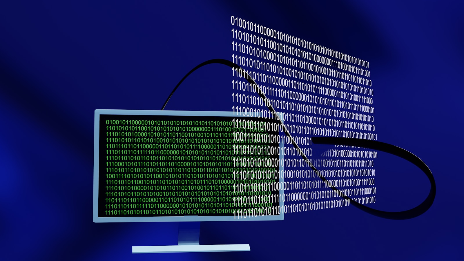 Person ved bærbar PC i mørkt rom med kode på skjermen - illustrasjon for cybersikkerhets-arbeid
